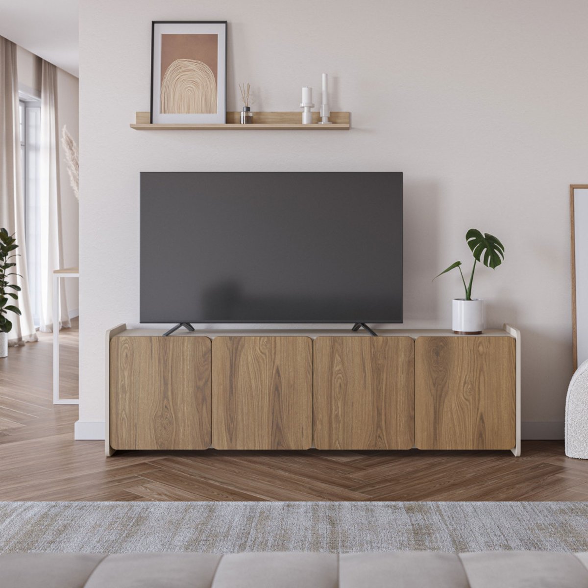 Meuble TV 4 portes en bois L180cm- ENARA bois foncé, DRAWER
