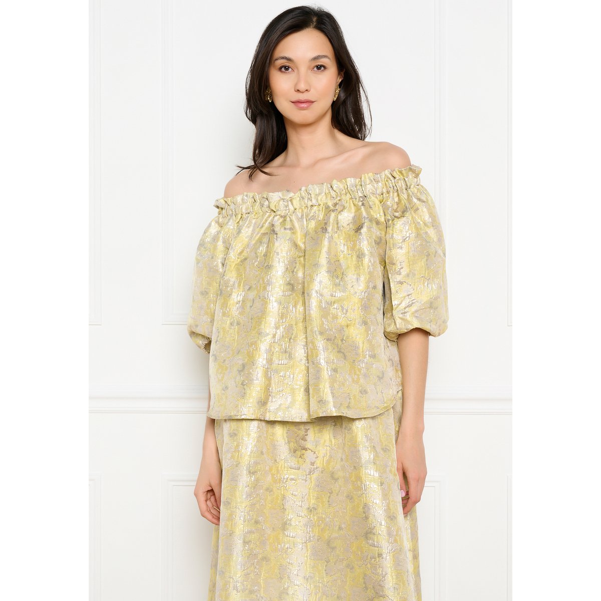 Blouse épaules dénudées jacquard jaune pastel, LOLALIZA