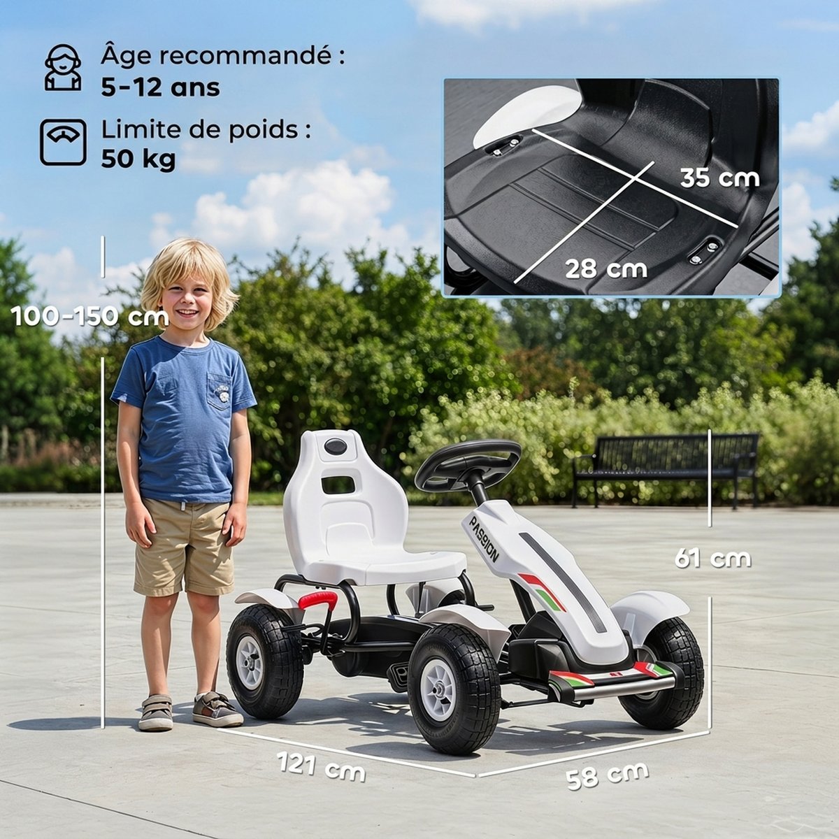 Kart à pédales PP Blanc blanc, HOMCOM