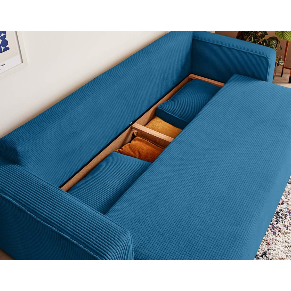 Canapé convertible 3 places velours côtelé, TOPAZE bleu ardoise, BEST MOBILIER