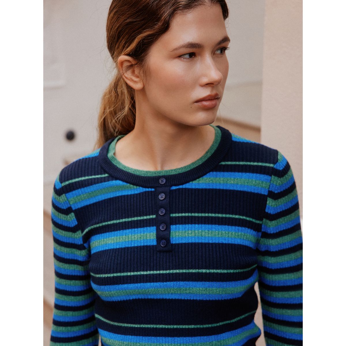 Haut superposé ultra-doux à col boutonné rayure bleu/vert, NEXT