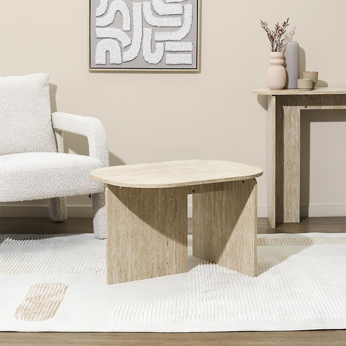 Table basse ovale effet travertin PIETRA beige, THE HOME DECO FACTORY