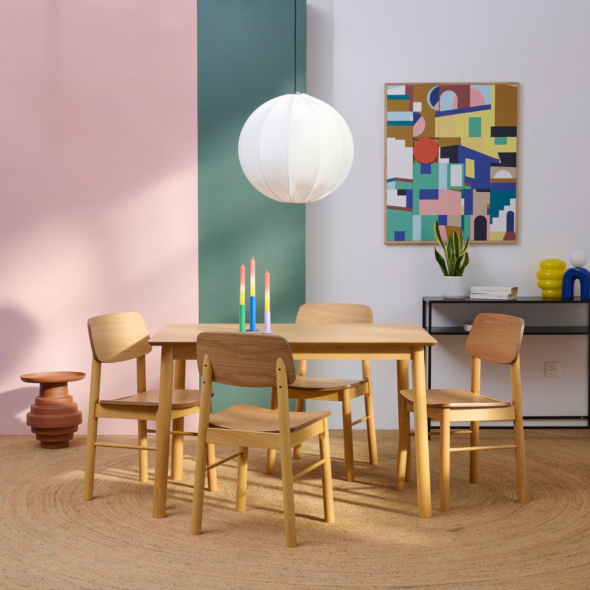Table rectangulaire en chêne L120 + 4 chaises chêne - IZIA bois clair, HELLIN, DEPUIS 1862