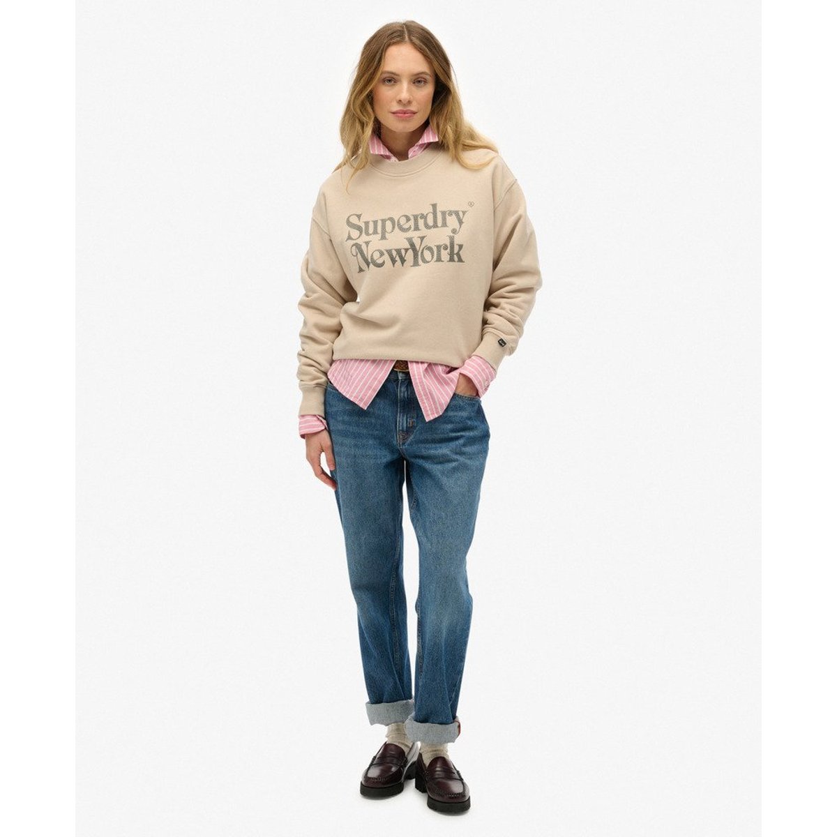 Sweatshirt Ample Col Rond Brand Mark gris cassé, SUPERDRY