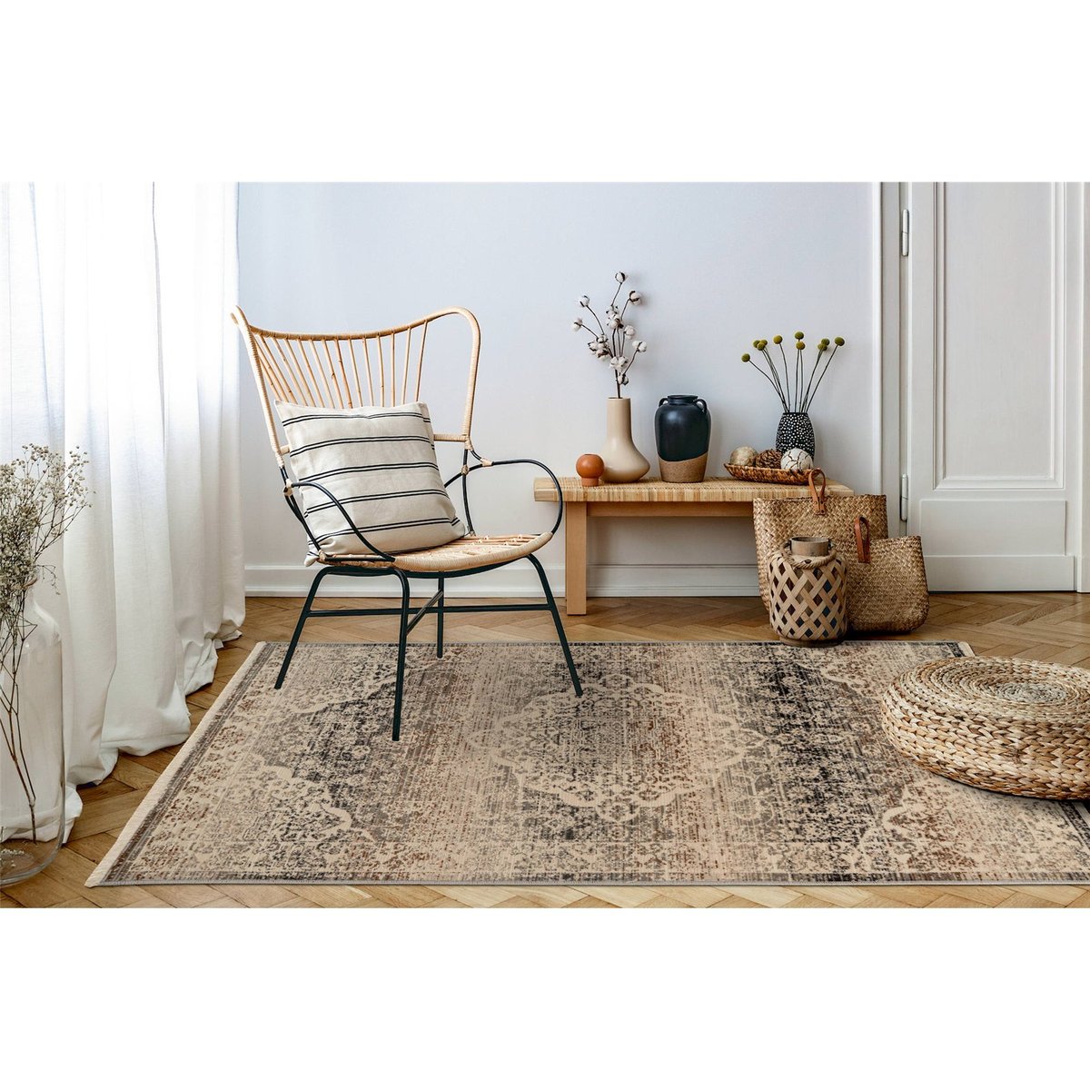 Tapis rectangulaire oriental effet vieilli beige sable et gris anthracite, ARTE ESPINA