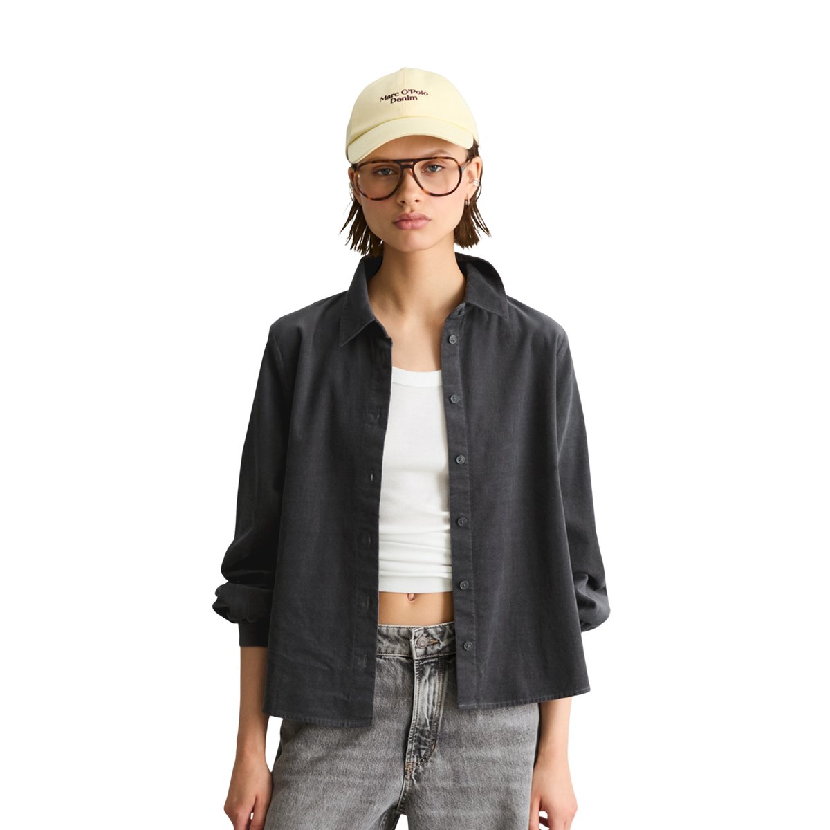 Chemisier à manches longues en velours côtelé fin, coupe regular en coton biologique gris, MARC O’POLO DENIM