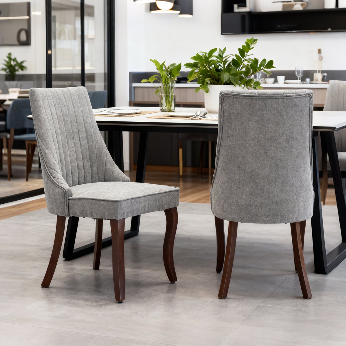 Lot de 2 chaises de salle à manger en tissu chenille avec pieds bois, GERRYB gris, MEUBLES COSY