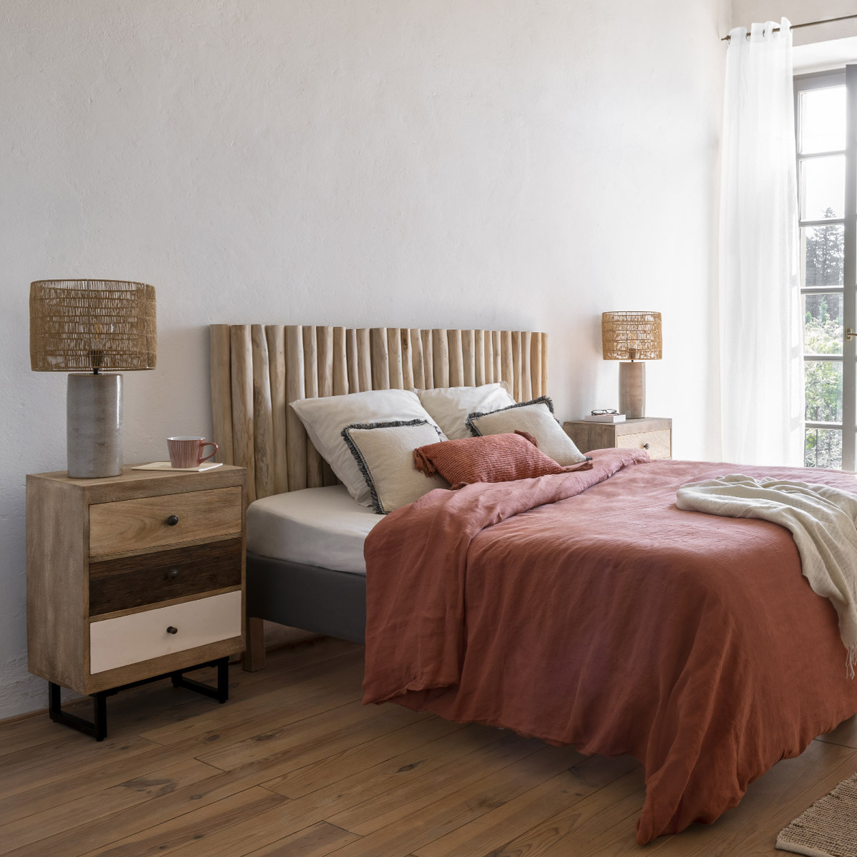 Tête de lit en teck brut pour sommier 160cm JAYDEN beige, ATMOSPHERA