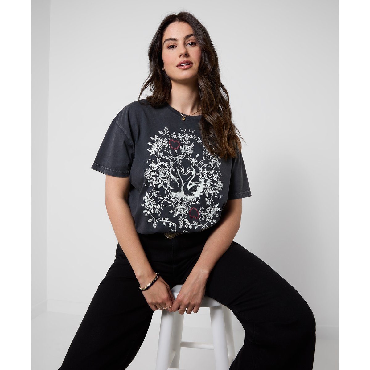 T-Shirt à Manches Courtes Délavé Imprimé Cygne gris, JOE BROWNS