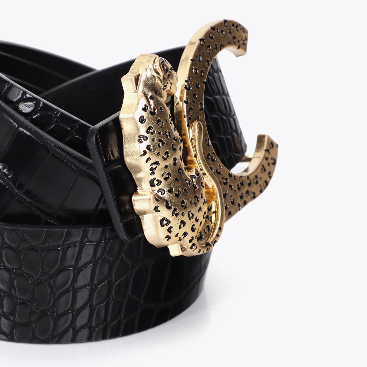 Ceinture effet croco à boucle félin noir, LOLA CASADEMUNT