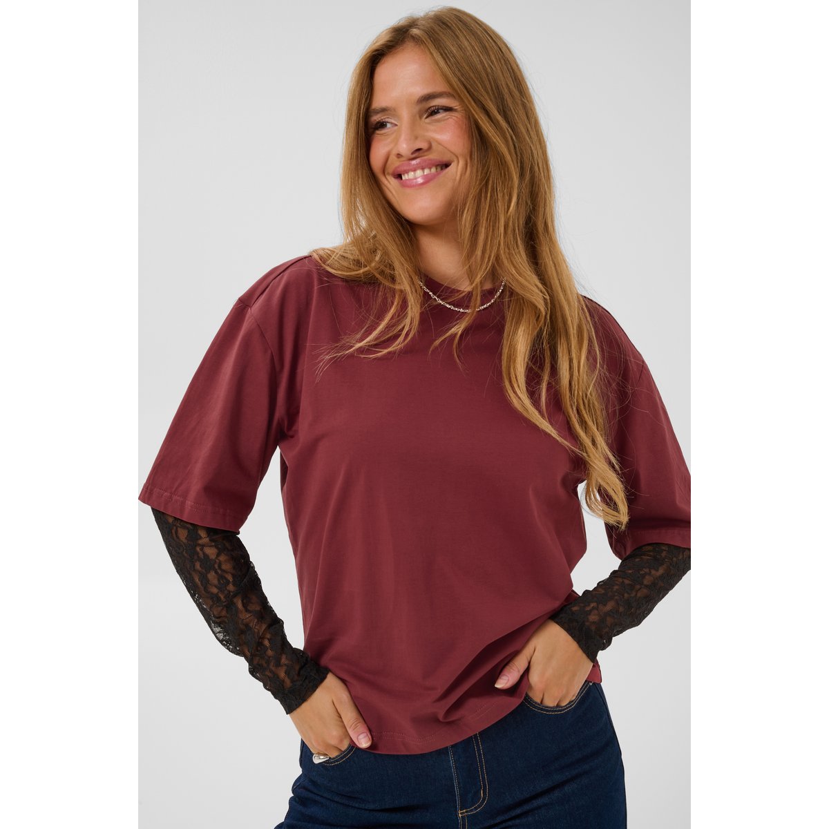 T-shirt à manches longues rouge port/black lace, KAFFE