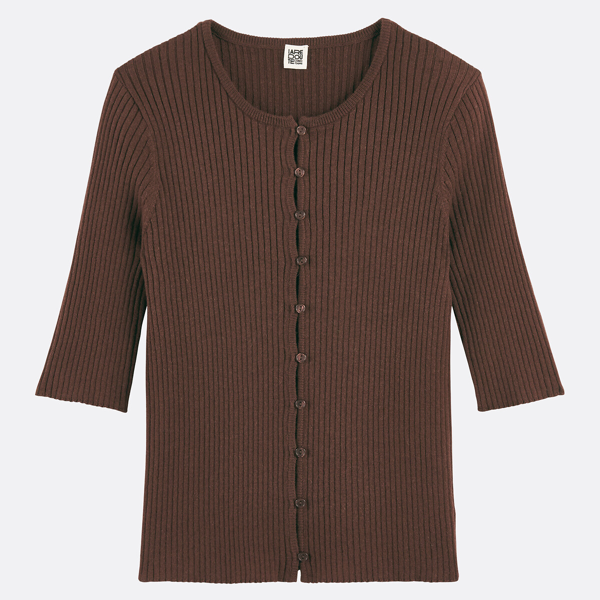 Pull col rond, en fine maille côtelée, laine et coton mélangés marron, LA REDOUTE COLLECTIONS