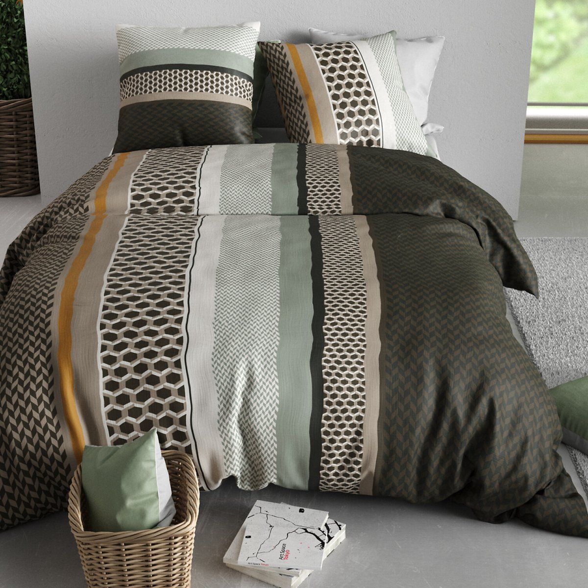 Paure coton imprimée couette et 2 taies, URBANIK gris, ATELIER DU COTON