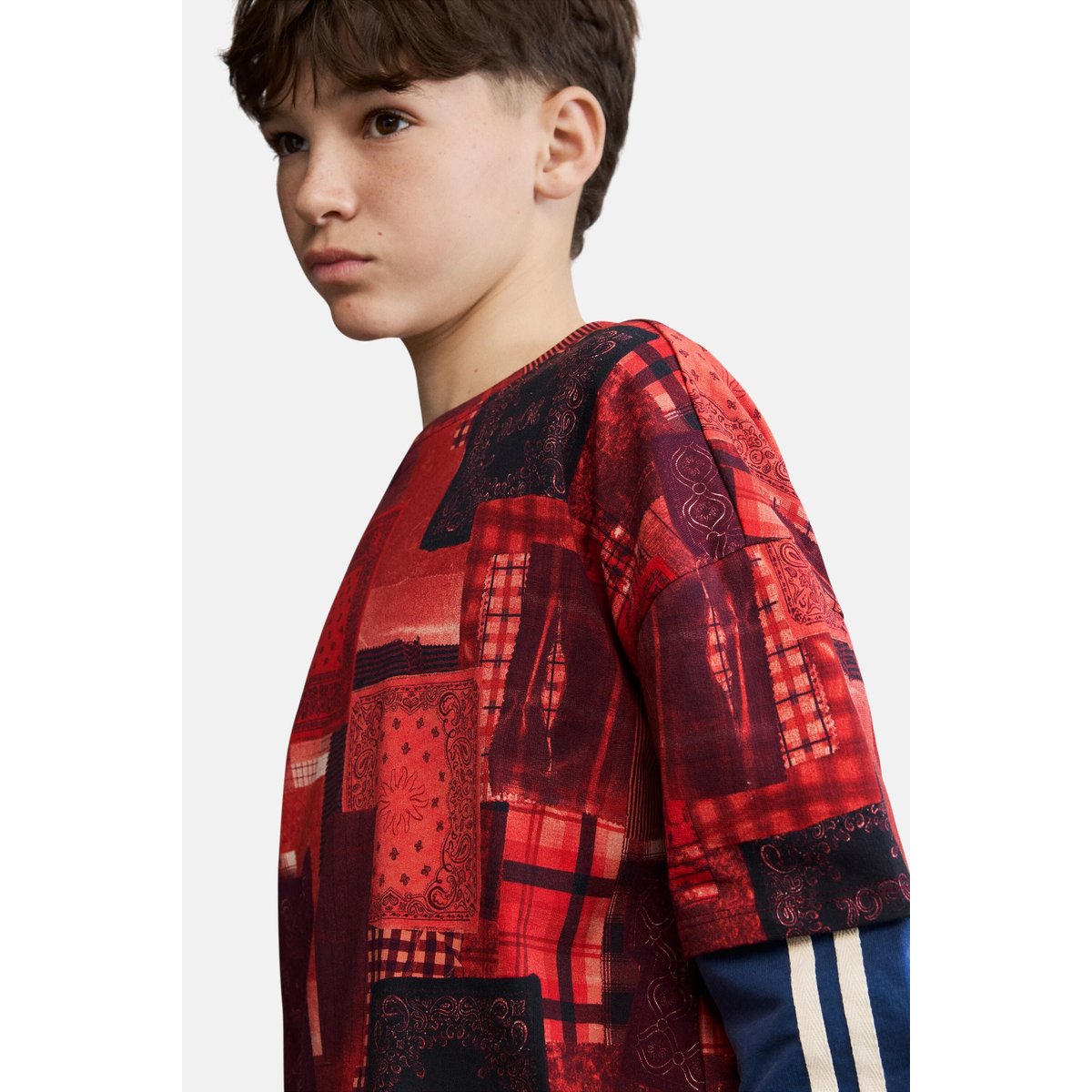 Sweat-shirt à manches doubles à carreaux bleu, DESIGUAL
