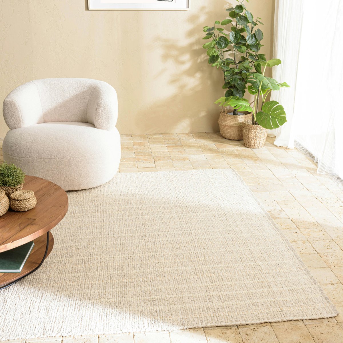 Tapis rectangulaire 200 x 290 coton recyclé ivoire ecru, PIER IMPORT