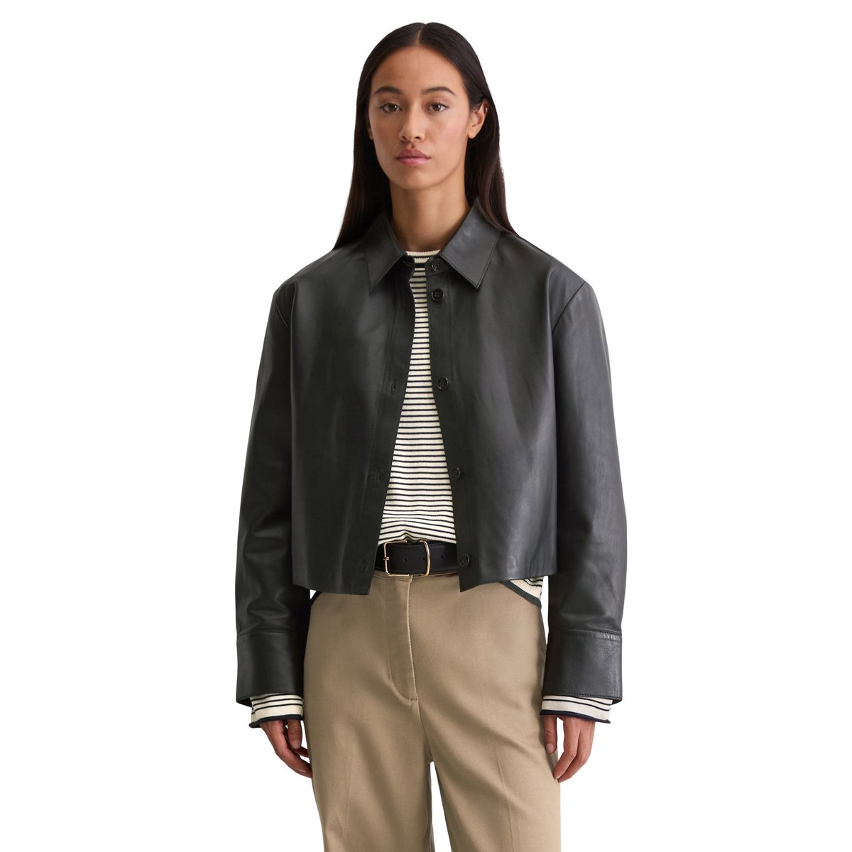 Chemise en cuir regular en cuir d'agneau souple noir, MARC O'POLO