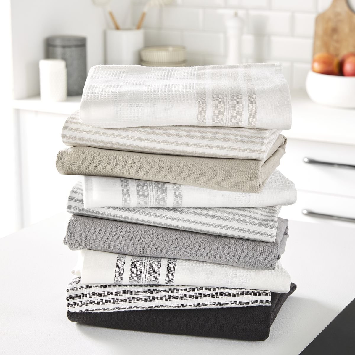 Lot de 3 torchons imprimé Rayures ESSENTIAL gris anthracite, TODAY