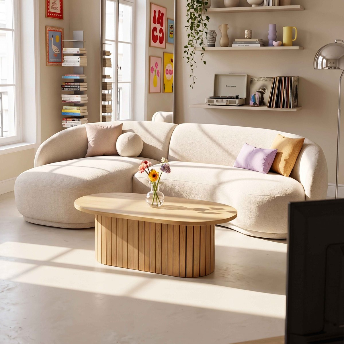 Table basse ovale en MDF décor mélaminé FSC, ELENA bois clair, OVIALA