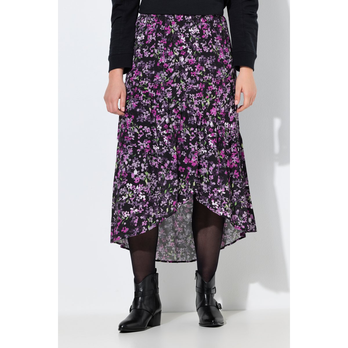 Jupe midi motif à fleurs, base asymétrique lavande, ULLA POPKEN
