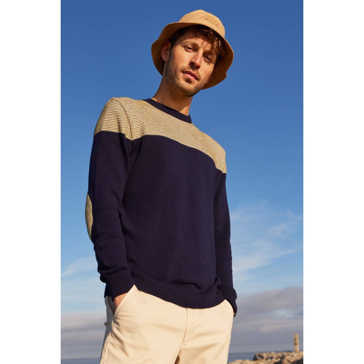 Pull avec coudières en coton marine deep/blanc/samoan s, ARMOR-LUX