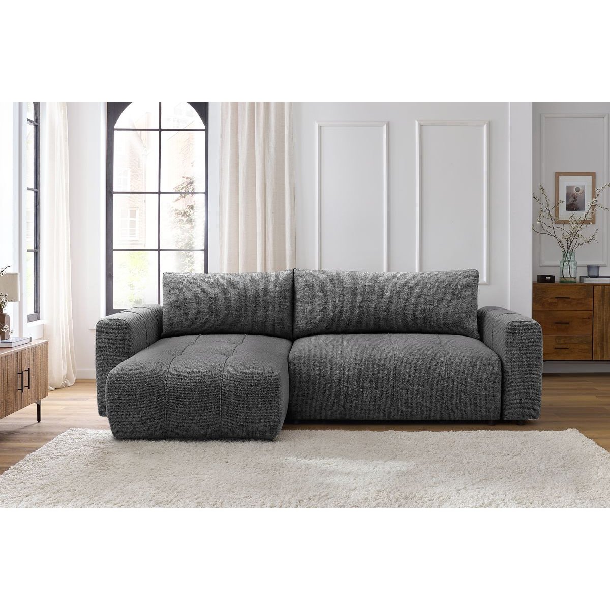 Canapé d'angle convertible 3 places en tissu chiné, ARSENE gris foncé, BOBOCHIC