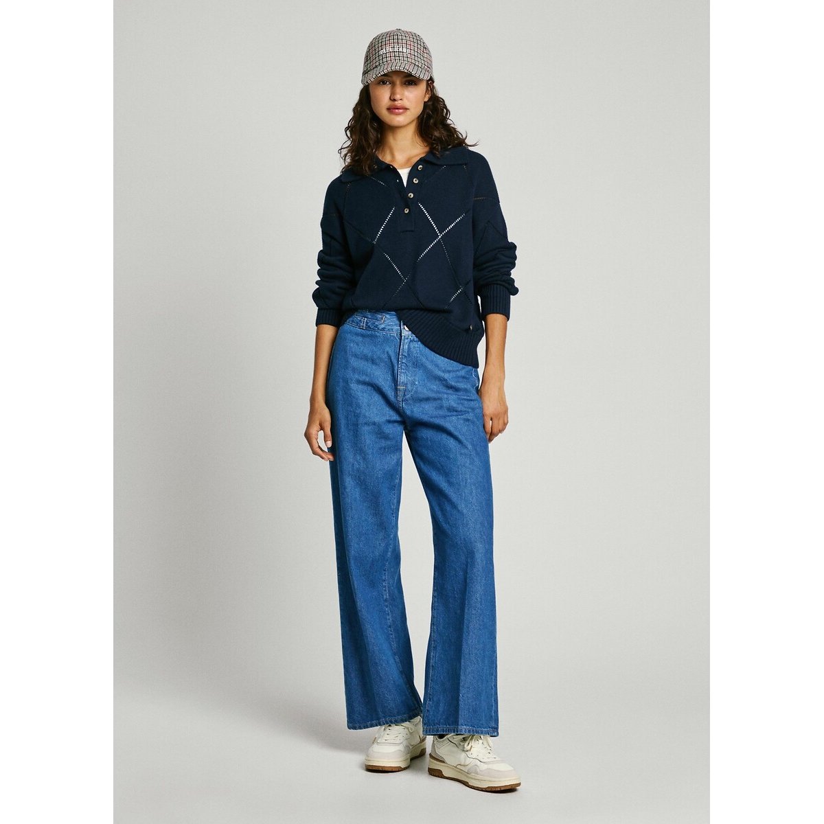 Pull avec maille ajourée, col polo IDRIS bleu marine, PEPE JEANS