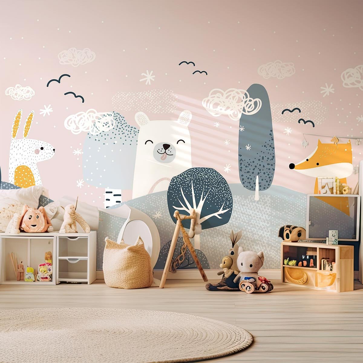 Papier peint enfant forêt douce animaux scandinave pastel multicolore, HEXOA