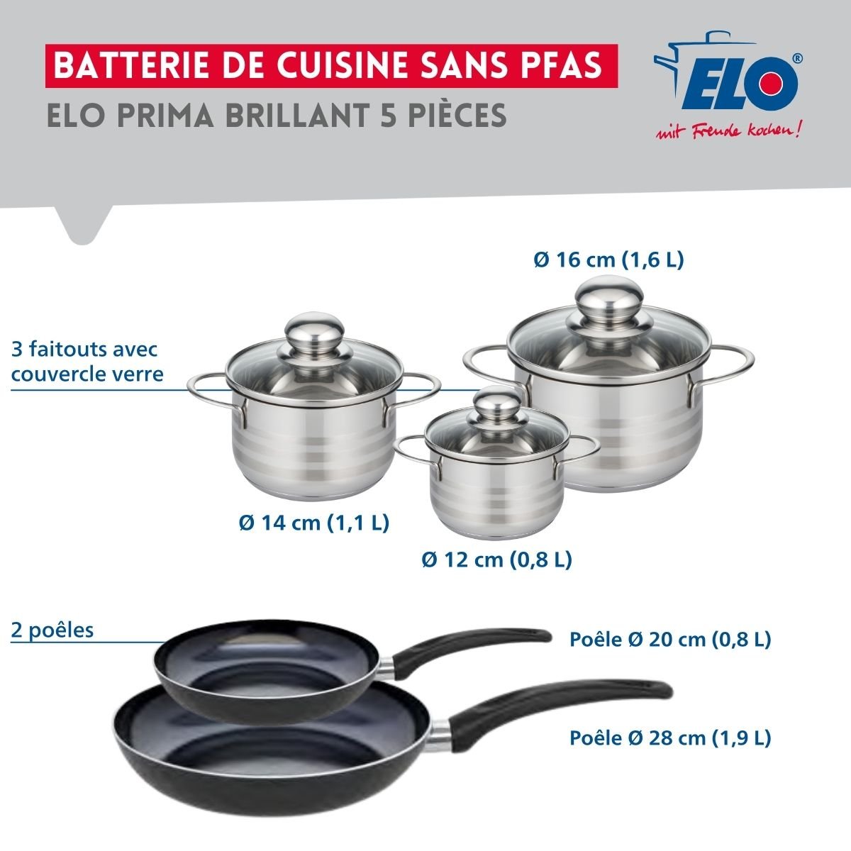 Batterie 2 poêles 20/28cm + 3 faitouts 12/14/16cm PRIMA BRILLANT noir, ELO