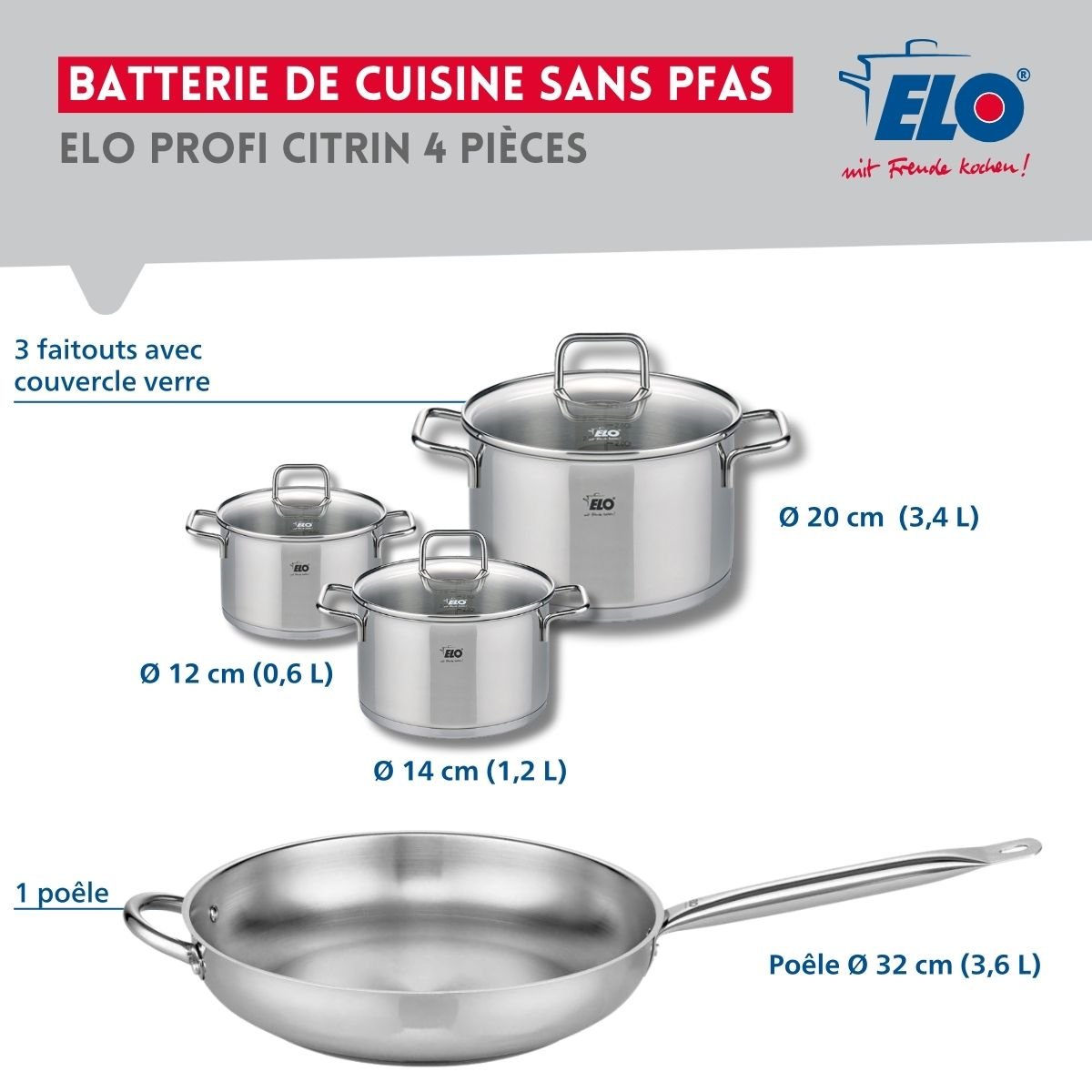 Batterie 1 poêle 32cm + 3 faitouts 12/14/20cm PROFI CITRIN gris, ELO
