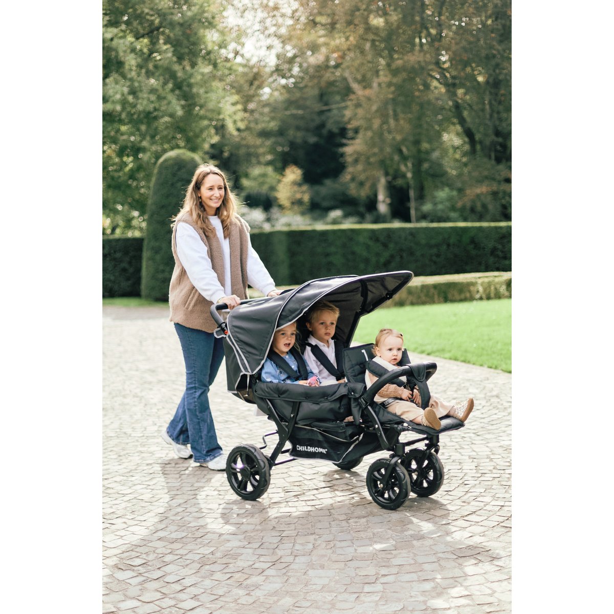 Triplette poussette capacité 3 enfants + housse de pluie + pare-soleil noir, CHILDHOME