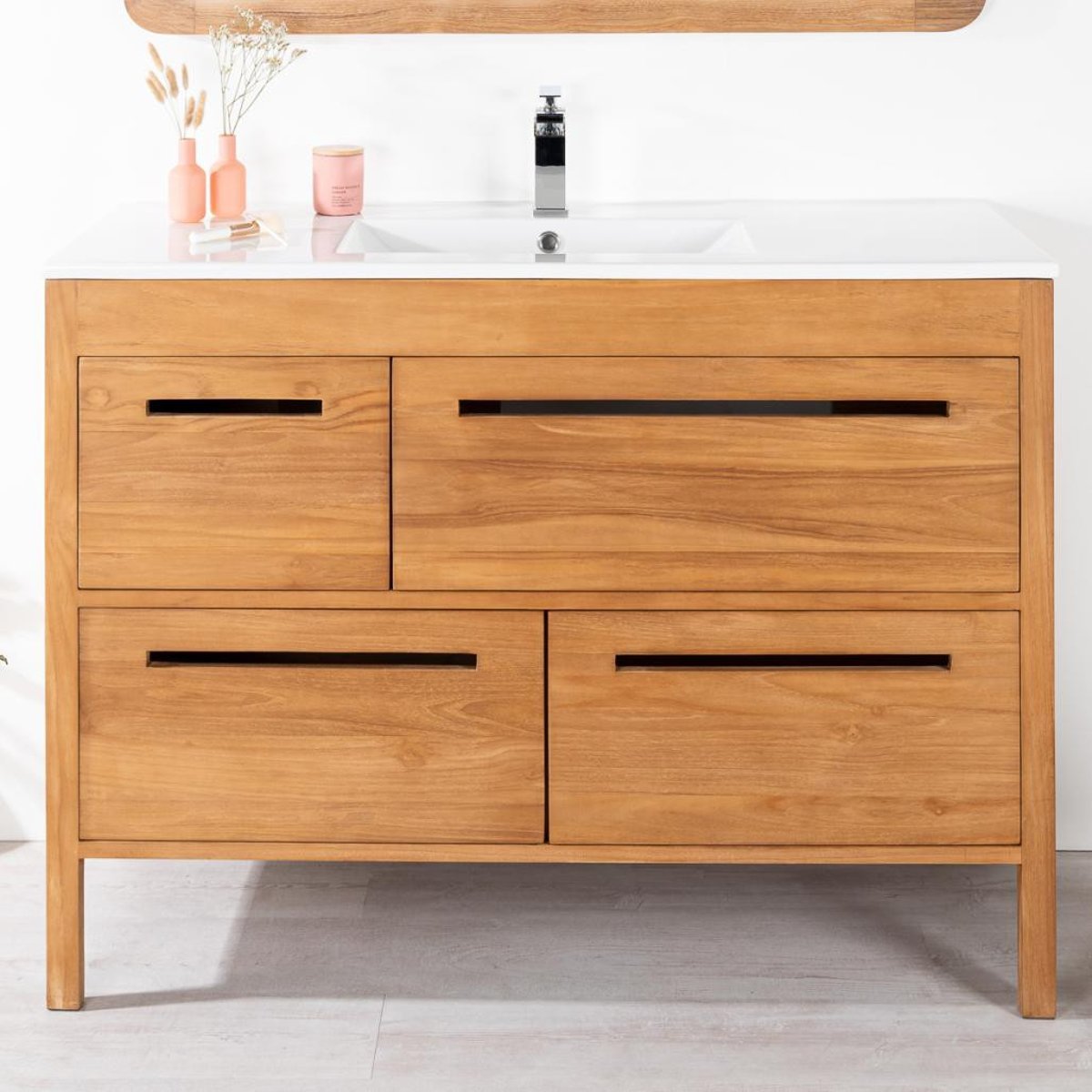 Meuble salle de bain en teck et céramique solo 120 cm SIRA blanc, WANDA COLLECTION