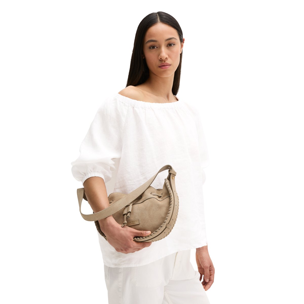 Sac à bandoulière small en cuir velours doux beige, MARC O'POLO