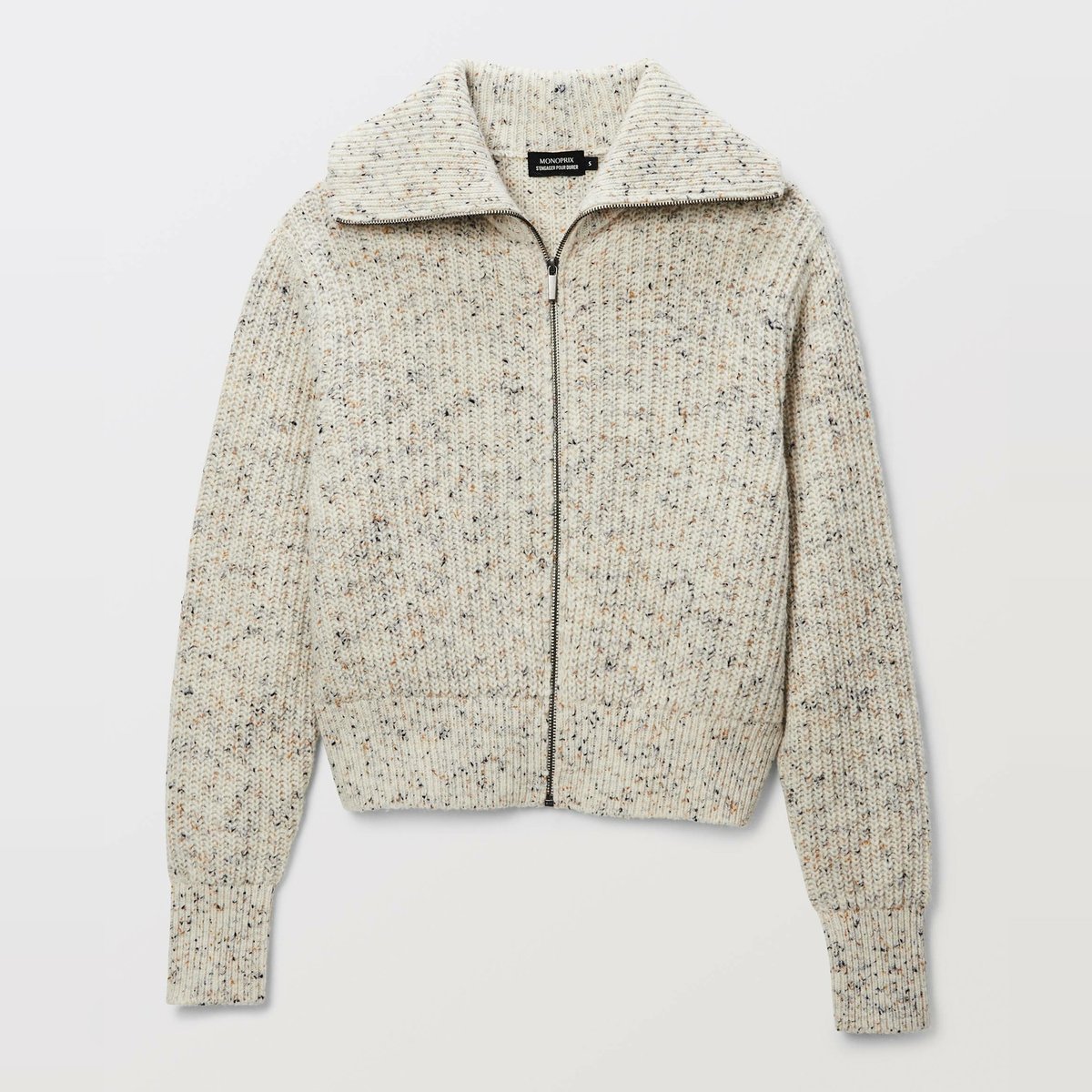 Cardigan zippé en maille côtelée contenant de la laine merinos ecru, MONOPRIX