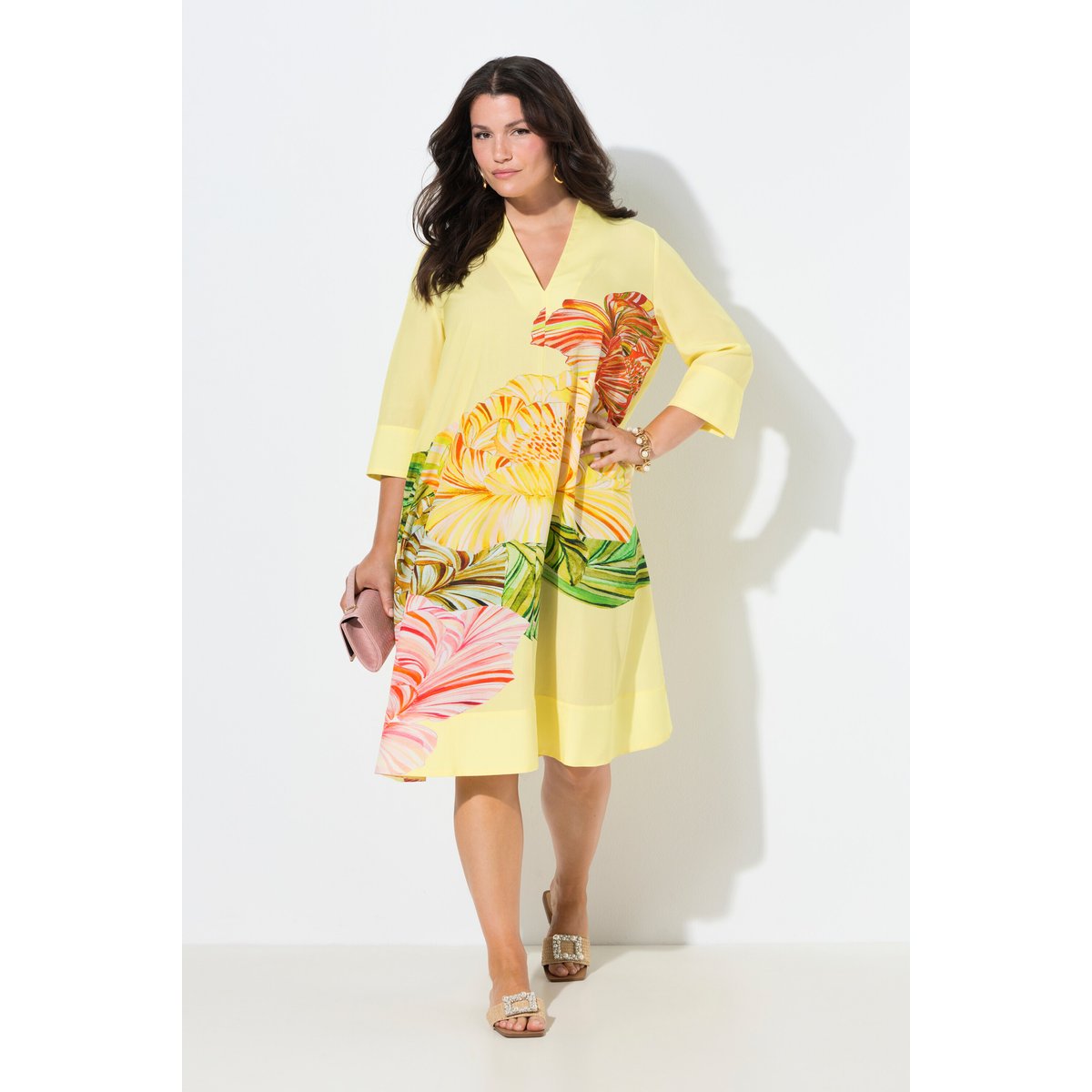 Robe midi en Lyocell, motif floral jaune citron, ULLA POPKEN