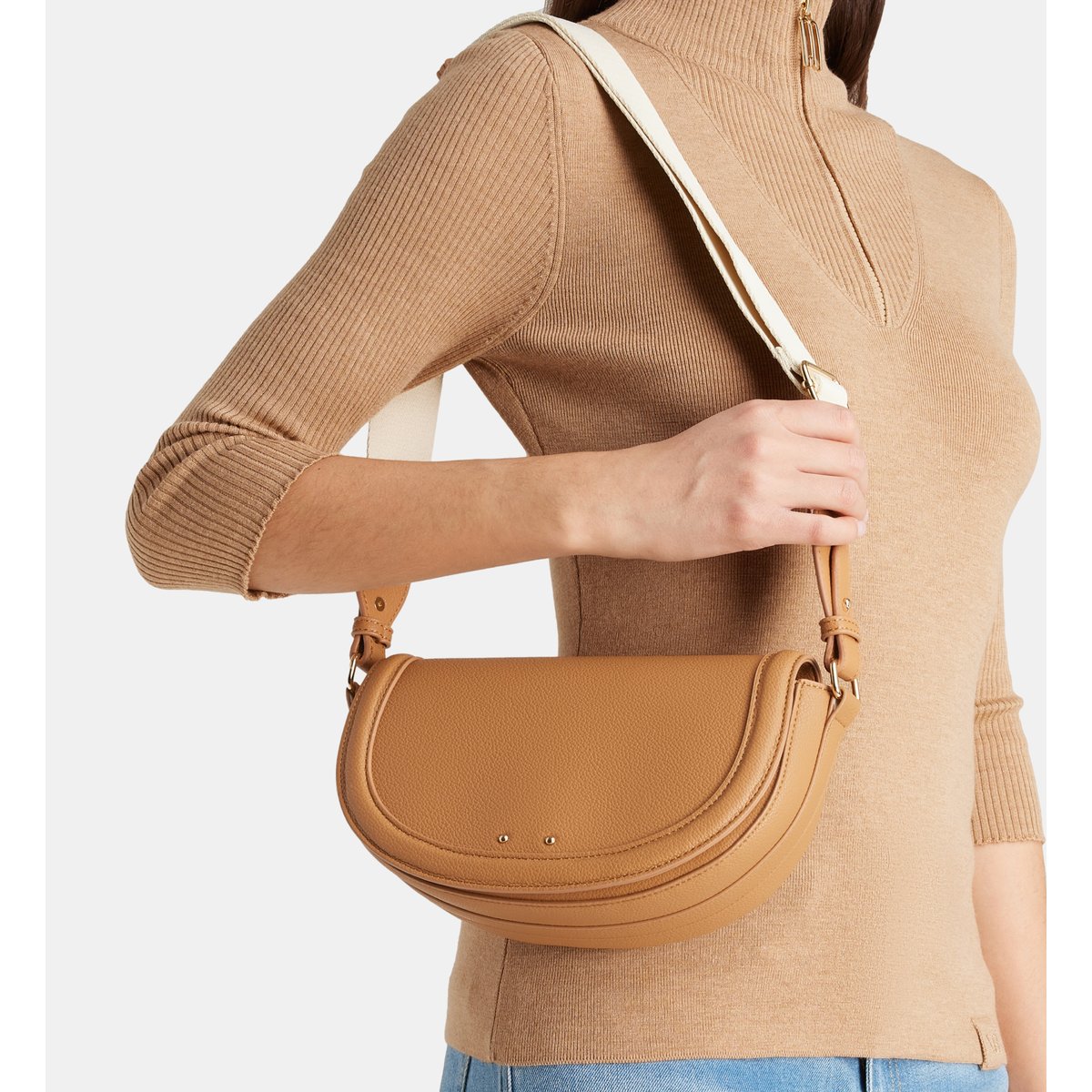 Sac à main demi lune solea effet grainé recyclé ou effet paille camel, GALERIES LAFAYETTE