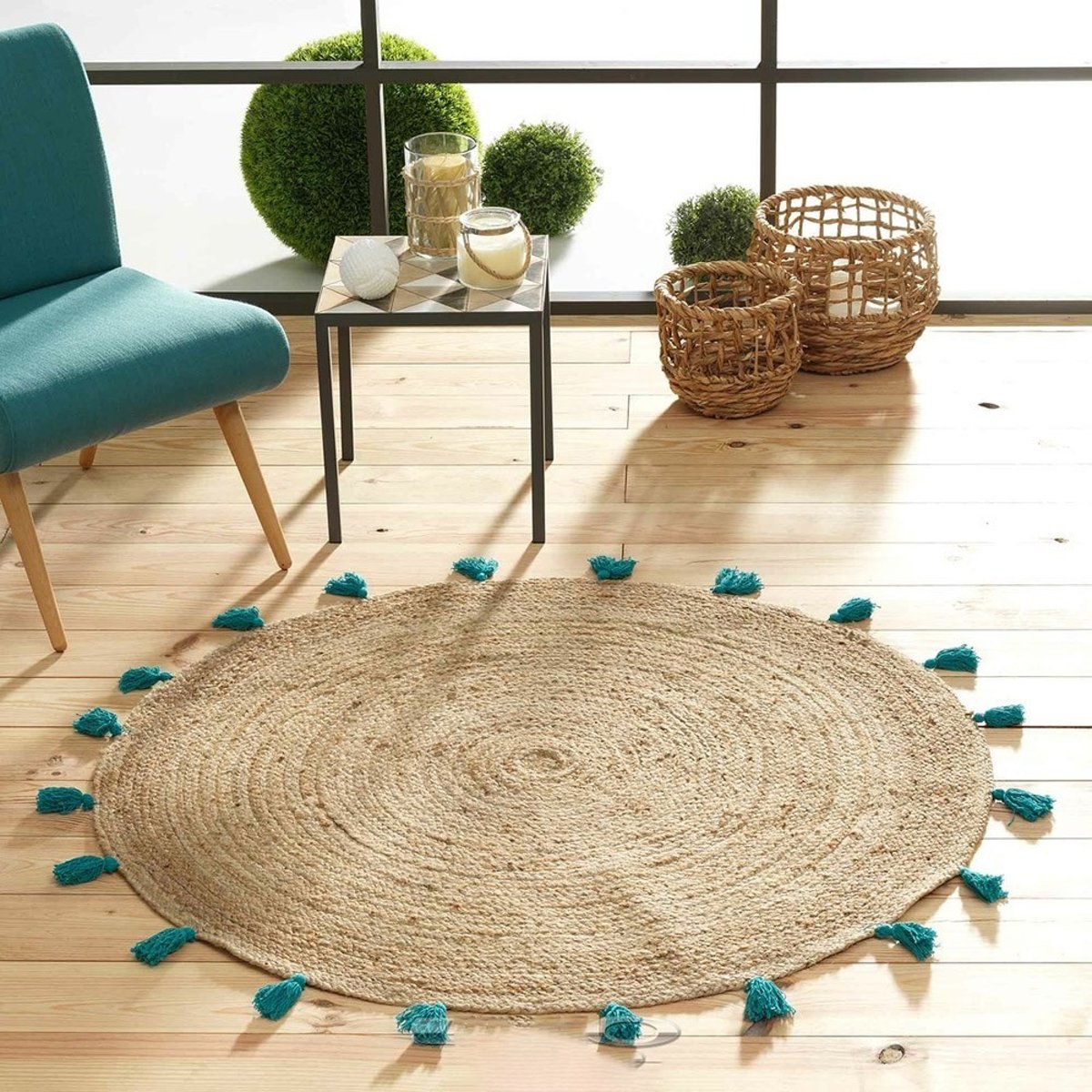 Tapis rond 120 jute pompons Shira turquoise bleu, DECORATIE