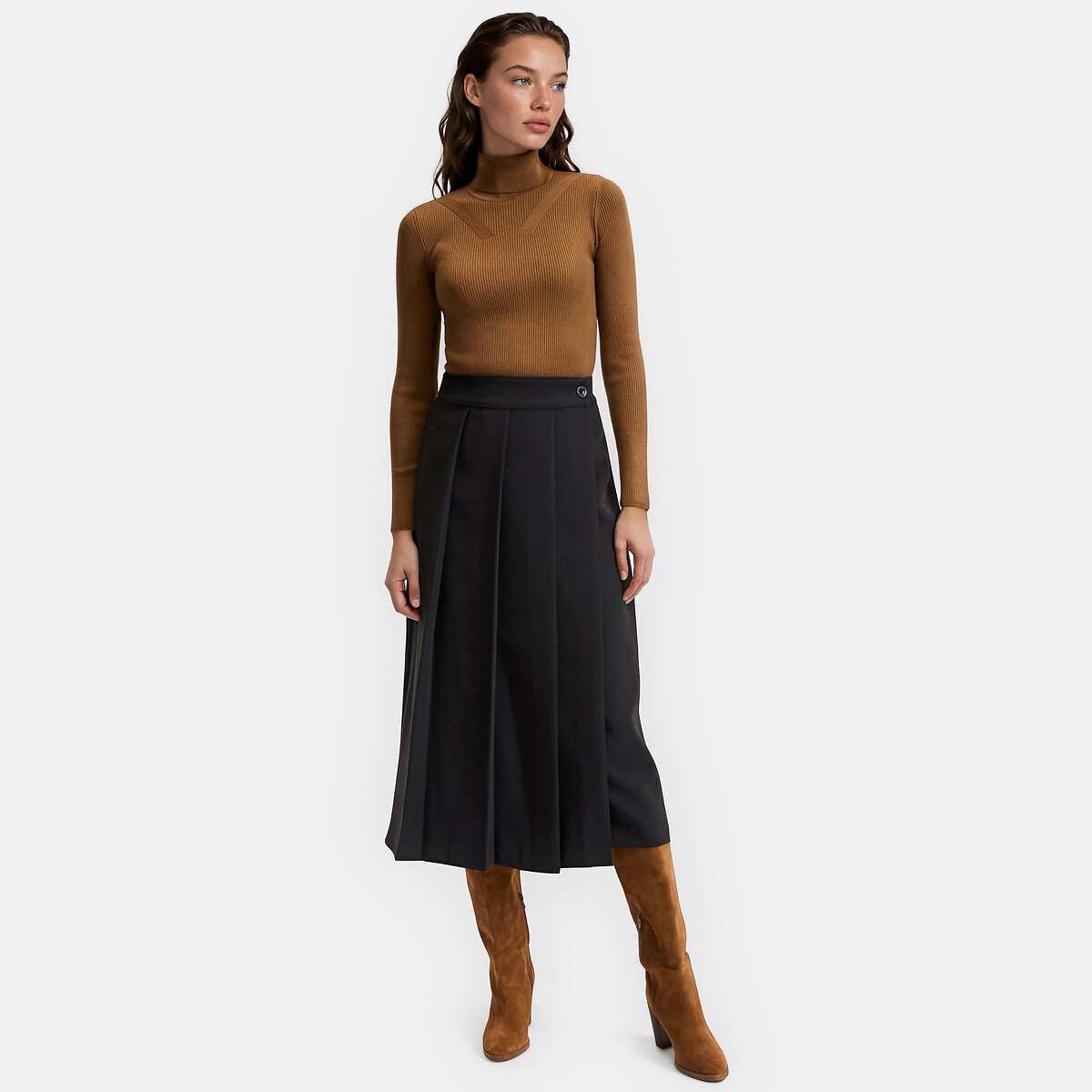 Falda midi cruzada recta y con pliegues negro, LA REDOUTE COLLECTIONS