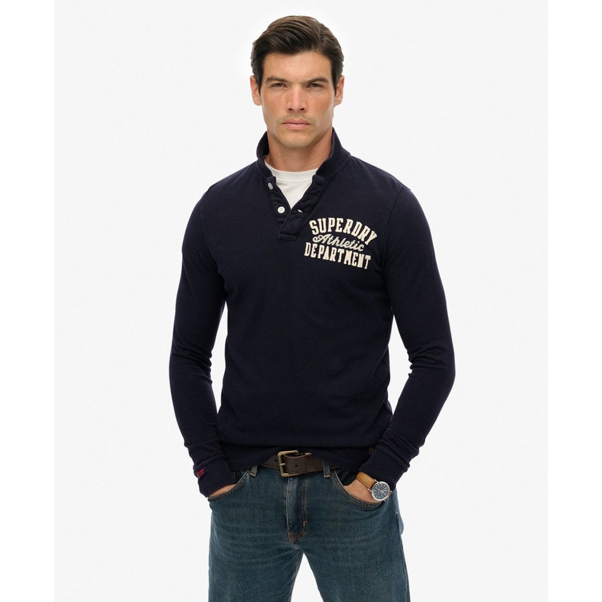 Polo à manches longues Vintage Athletic bleu marine éclipse, SUPERDRY