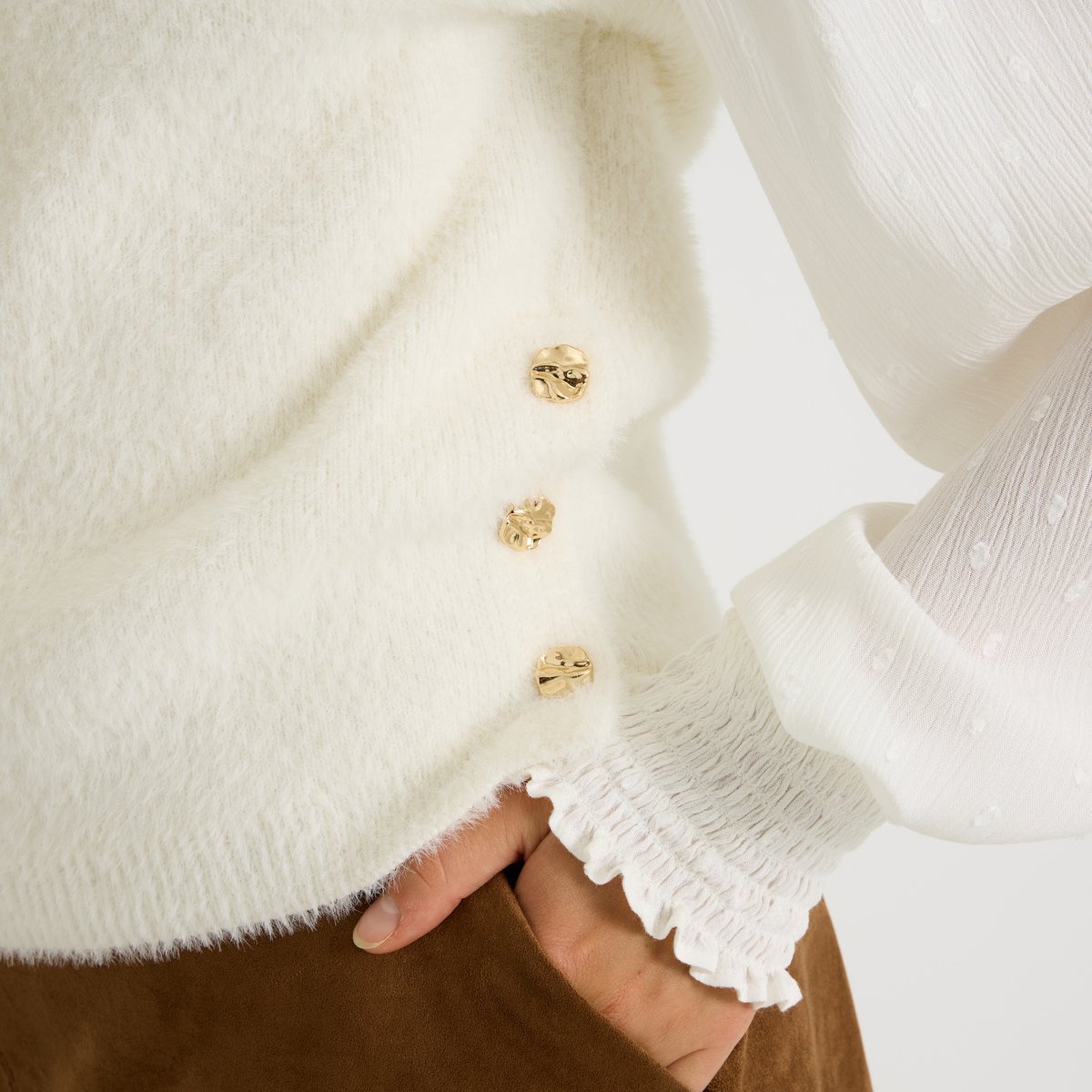 Pull fluffy sans manches blanc cassé ecru, GRAIN DE MALICE