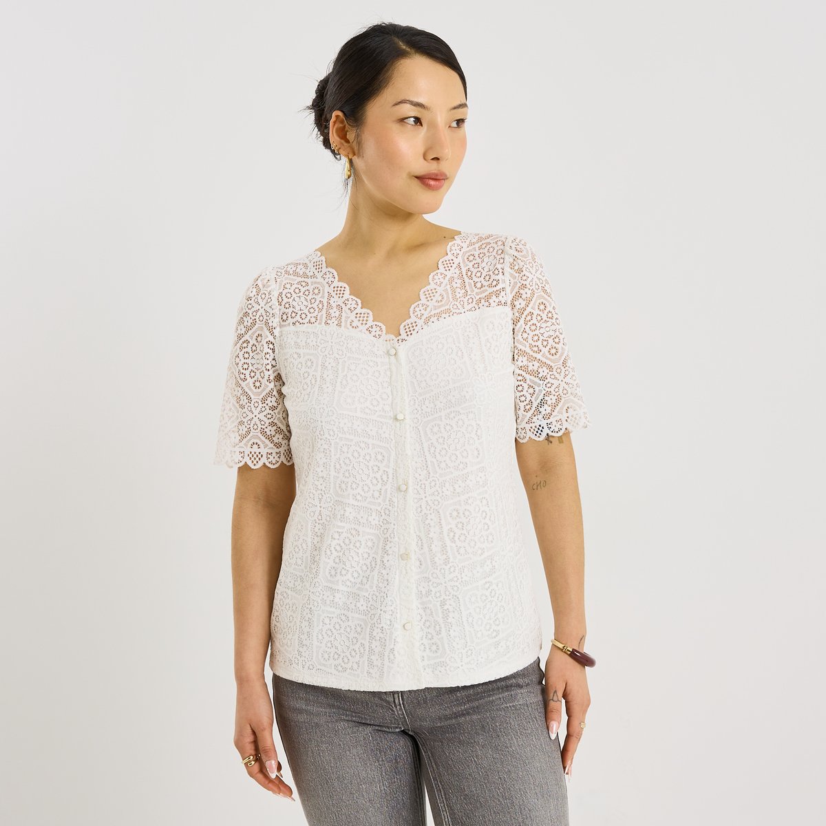 Blouse ajourée col V blanc cassé blanc, GRAIN DE MALICE