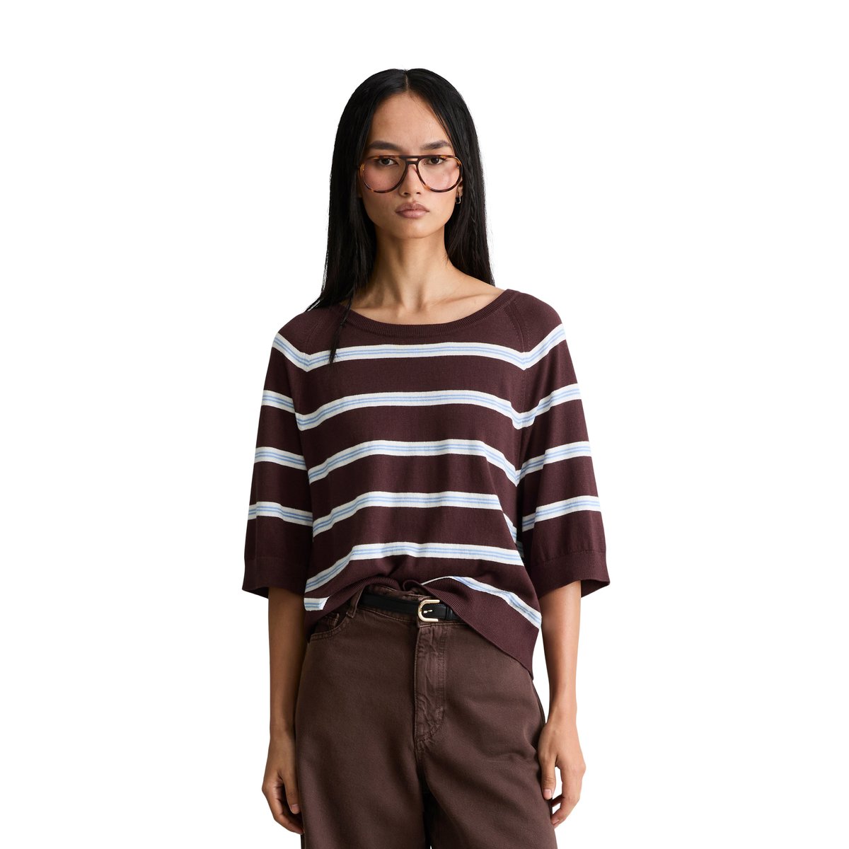 Pull à manches courtes relaxed en doux mélange de coton organique et de modal marron, MARC O’POLO DENIM