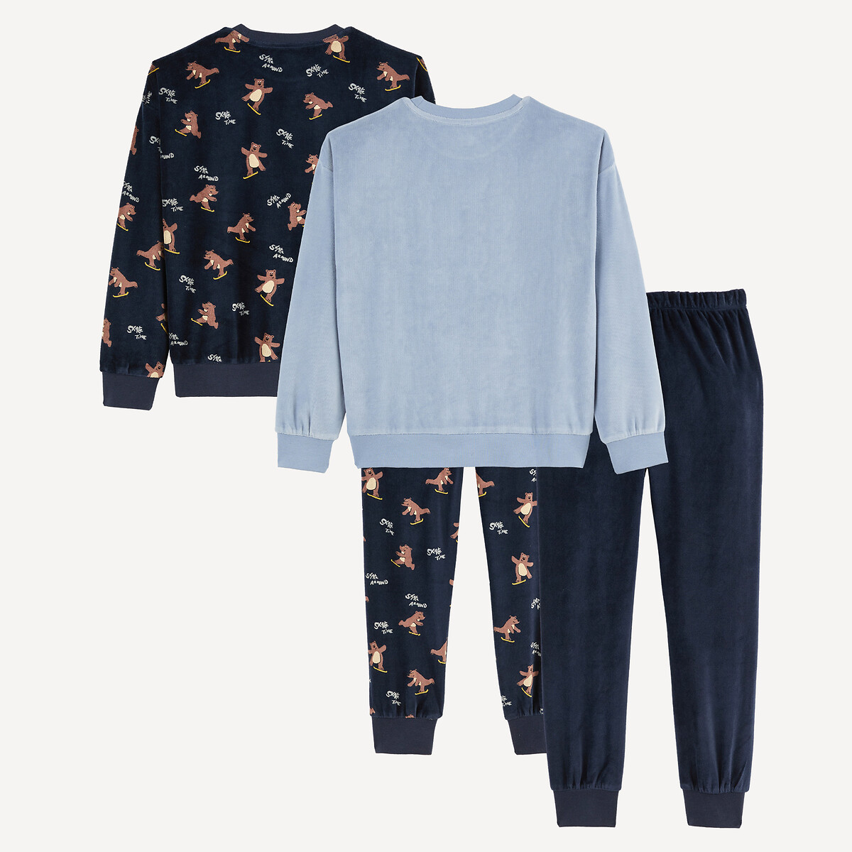 Lote de 2 pijamas de terciopelo con motivo de osos en monopatín azul + azul marino, LA REDOUTE COLLECTIONS