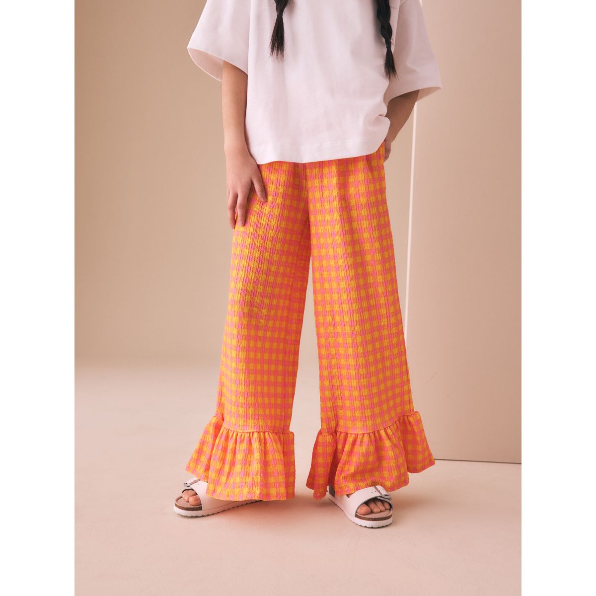 Pantalon texturé avec volants sur l’ourlet vichy rose et jaune, NEXT