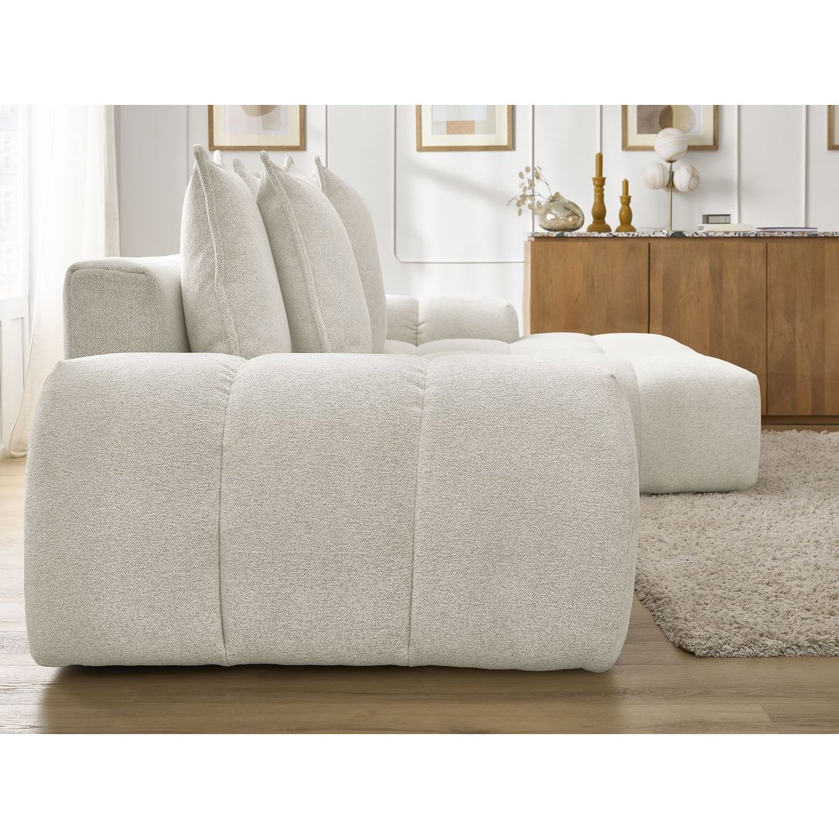 Canapé d'angle convertible 3 places en tissu chiné, EVEREST blanc, BOBOCHIC