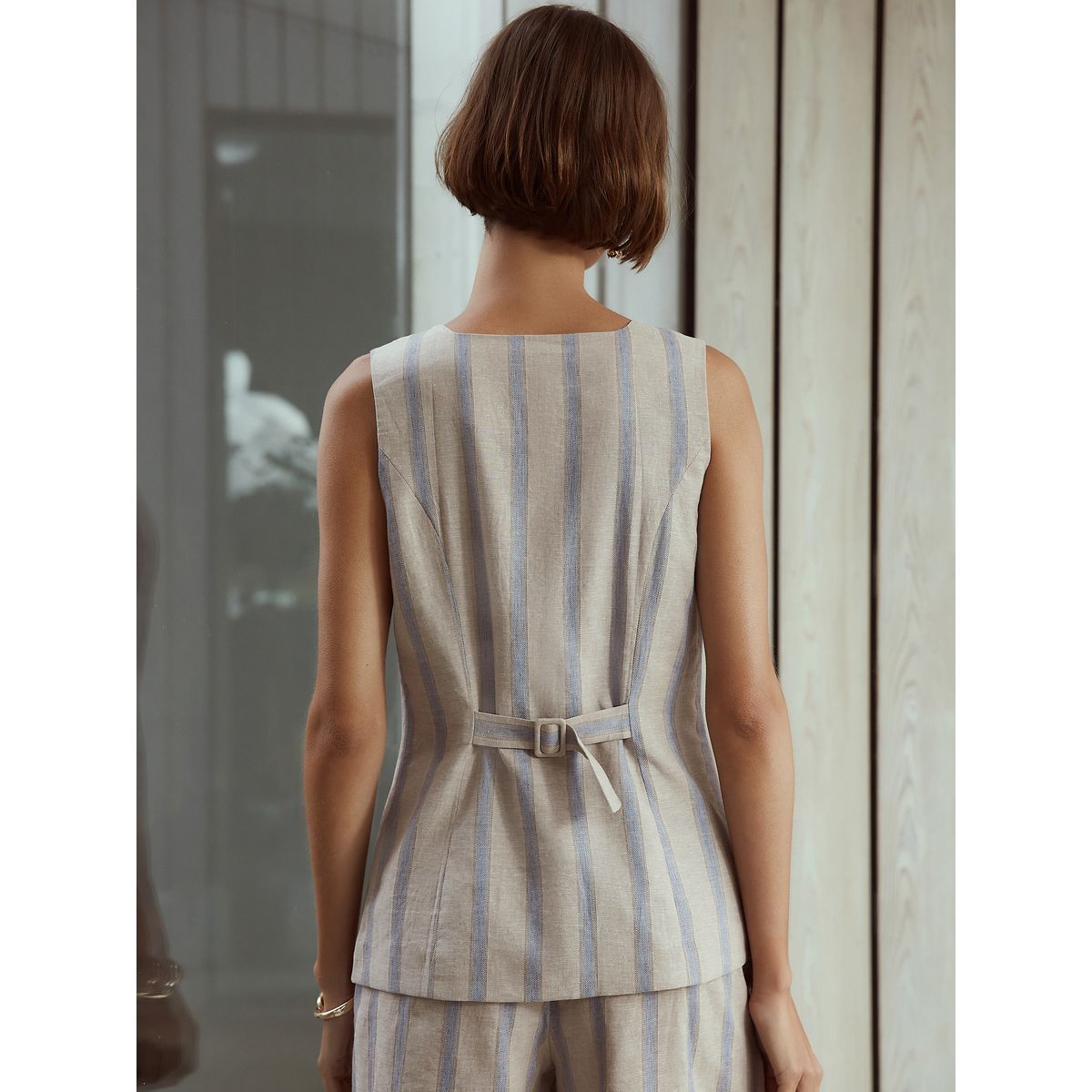 Gilet en lin mélangé n. premium rayures bleues/beige, NEXT