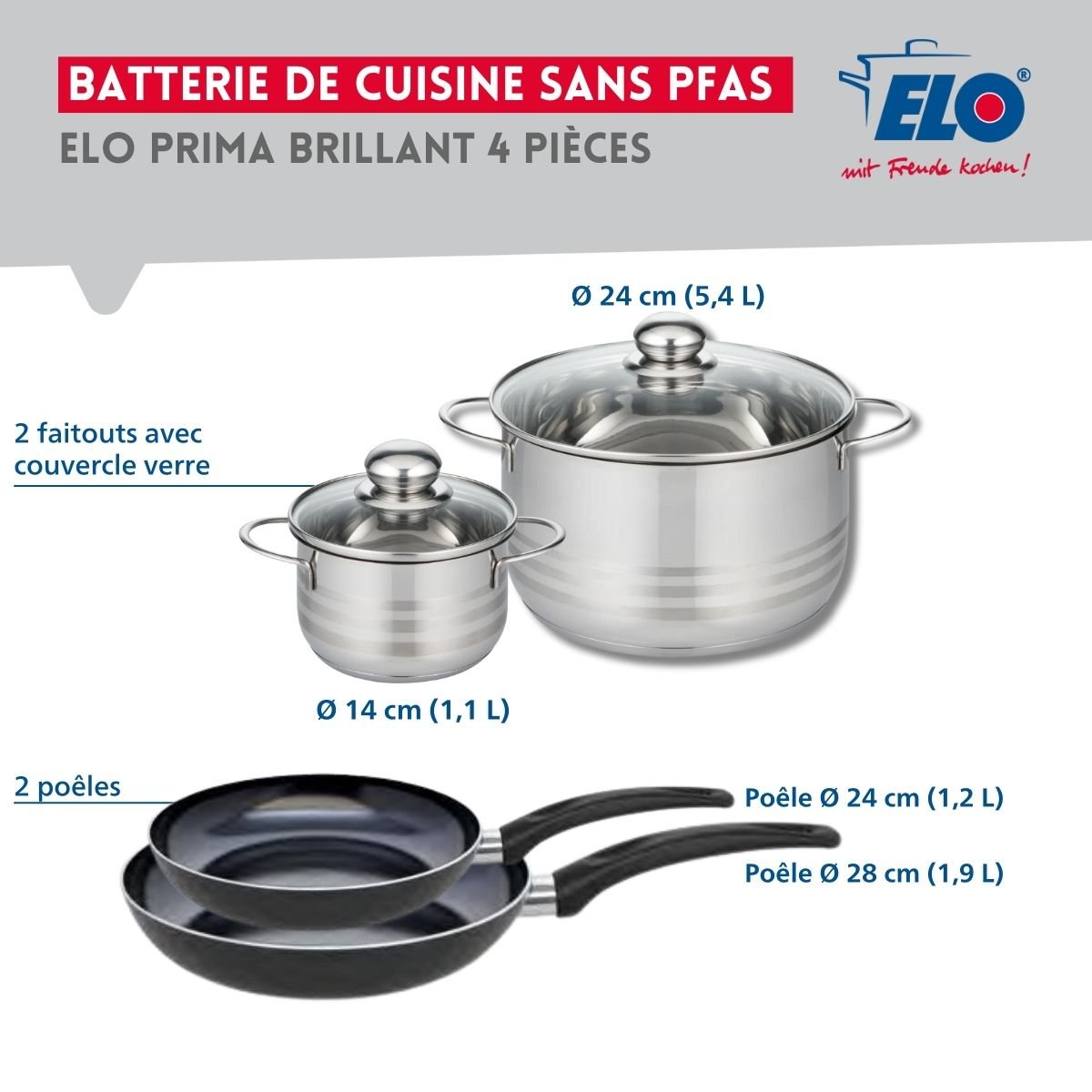 Batterie 2 poêles 24/28cm + 2 faitouts 14/24cm PRIMA BRILLANT noir, ELO