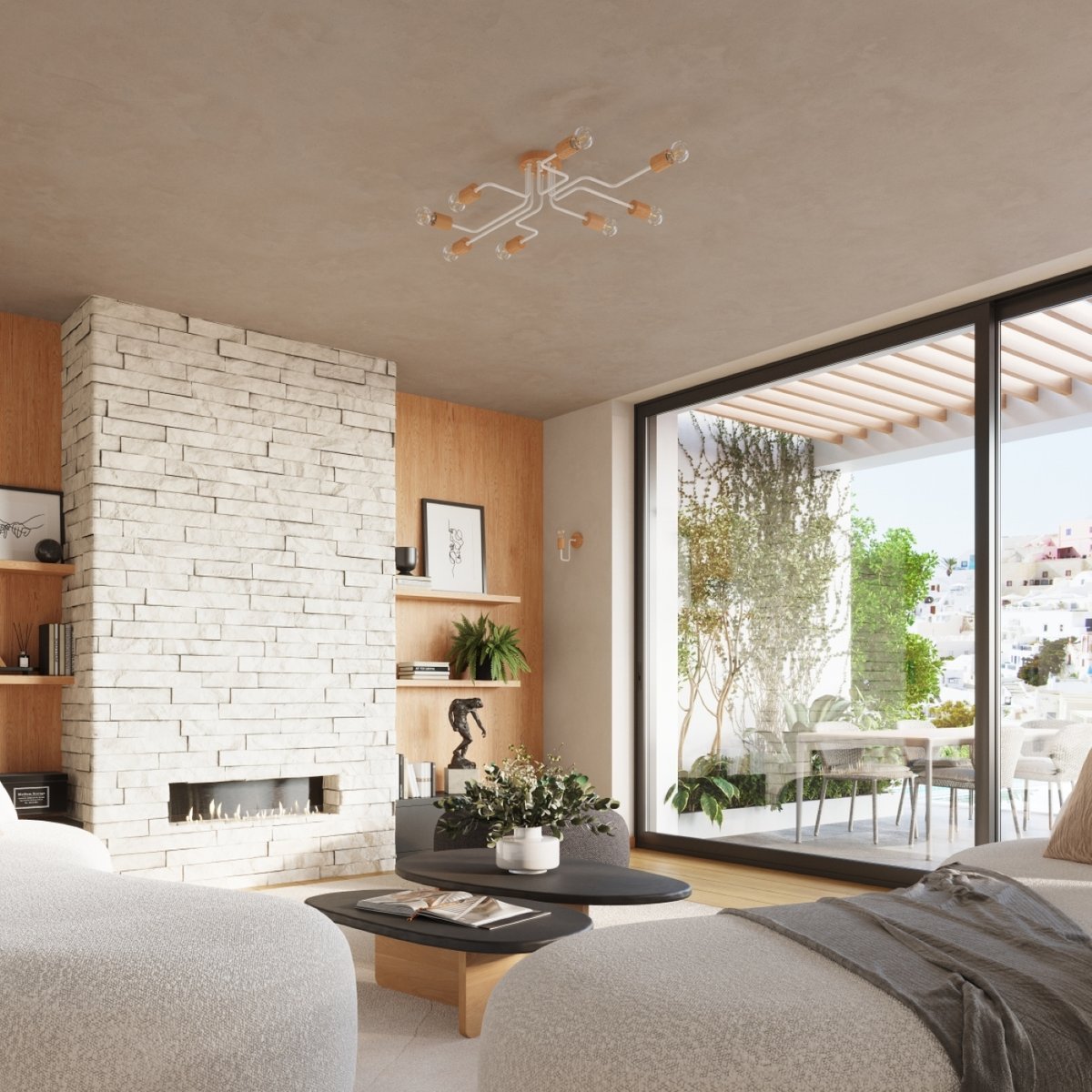 Lustre Acier Blanc/Bois Naturel E27 4 Timbo blanc, EDEN