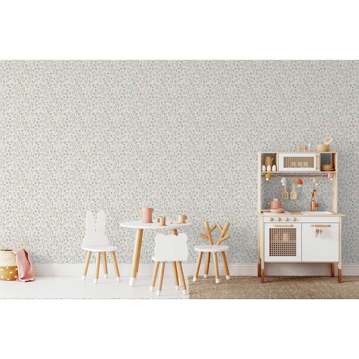 Papier peint floral champêtre rose poudré beige, HEXOA