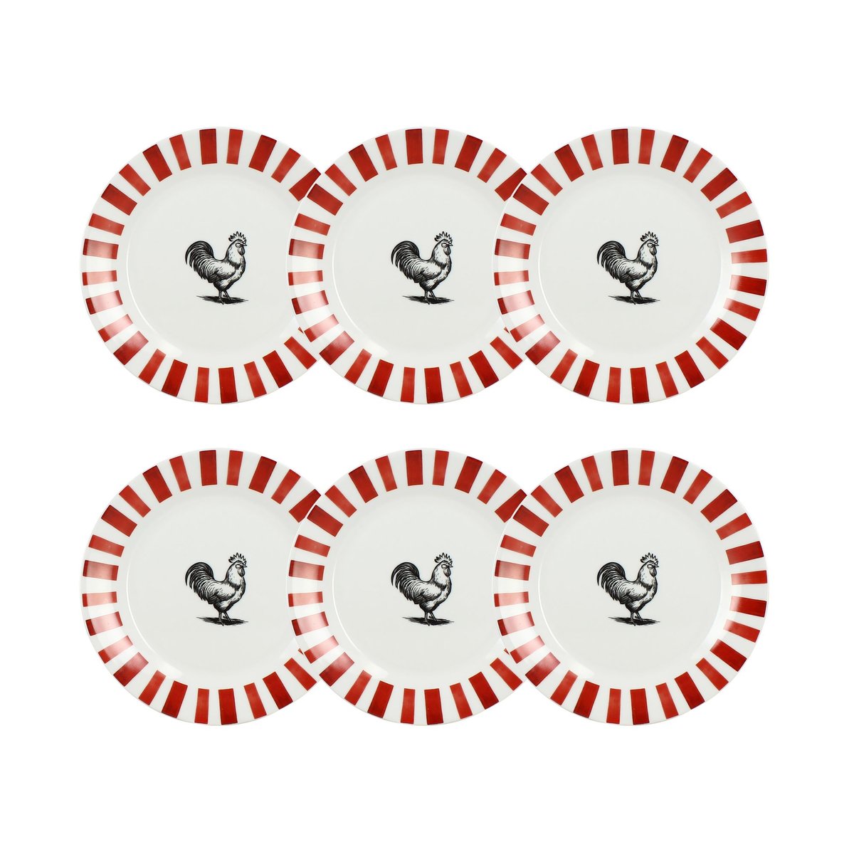 Lot de 6 assiettes à dessert en porcelaine, COCORICO blanc-rouge, NOVASTYL