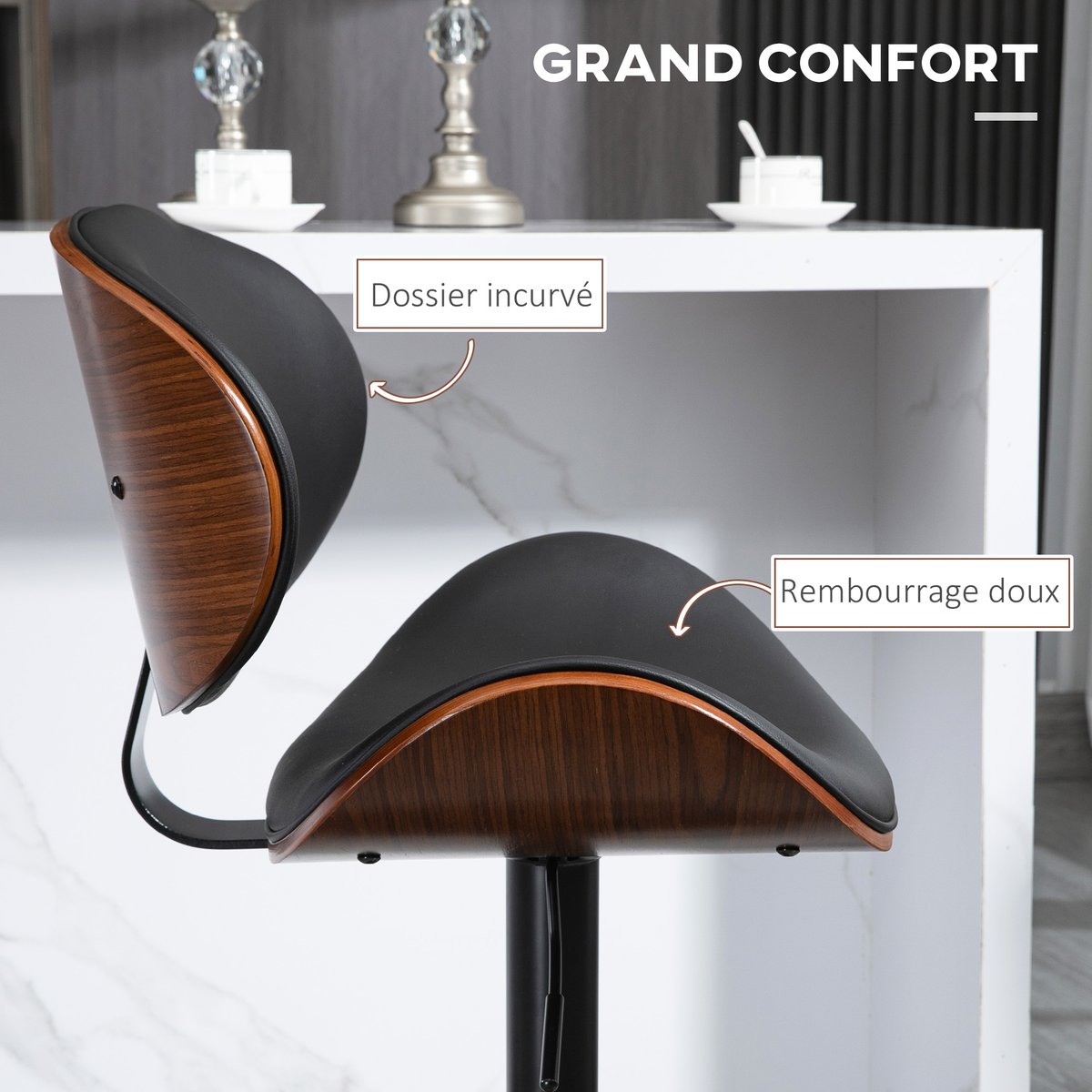 Tabouret de bar Revêtement synthétique PU noir, bois foncé, HOMCOM